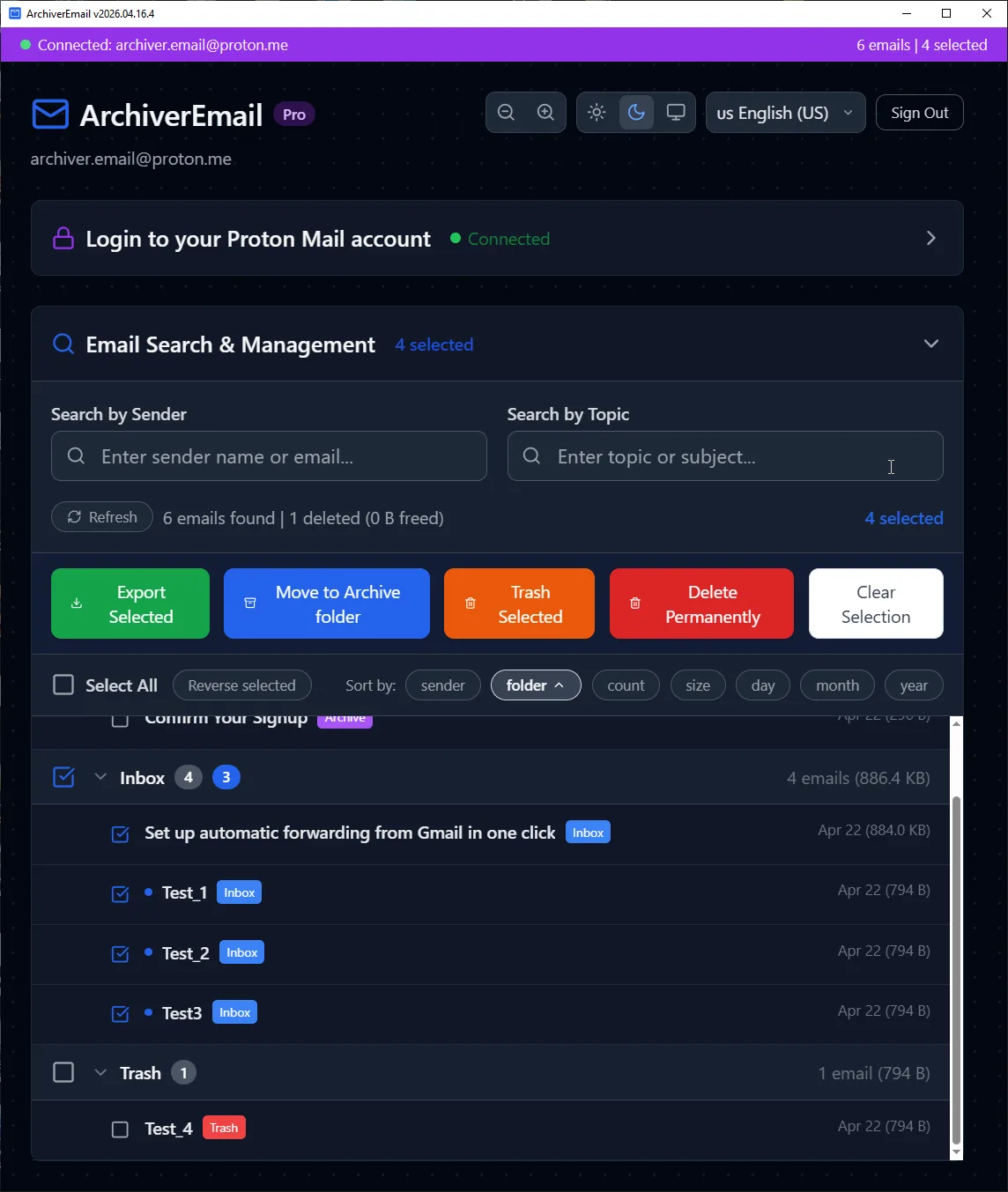 Bulk act, one click archiver.email bulk delete interface for ProtonMail with Export Selected, Move to Archive, Trash Selected, and Delete Permanently buttons
