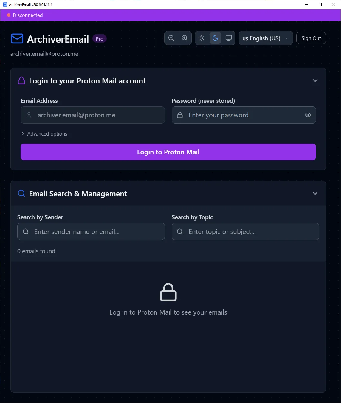 Login securely ProtonMail login form in archiver.email with "password never stored" label for privacy