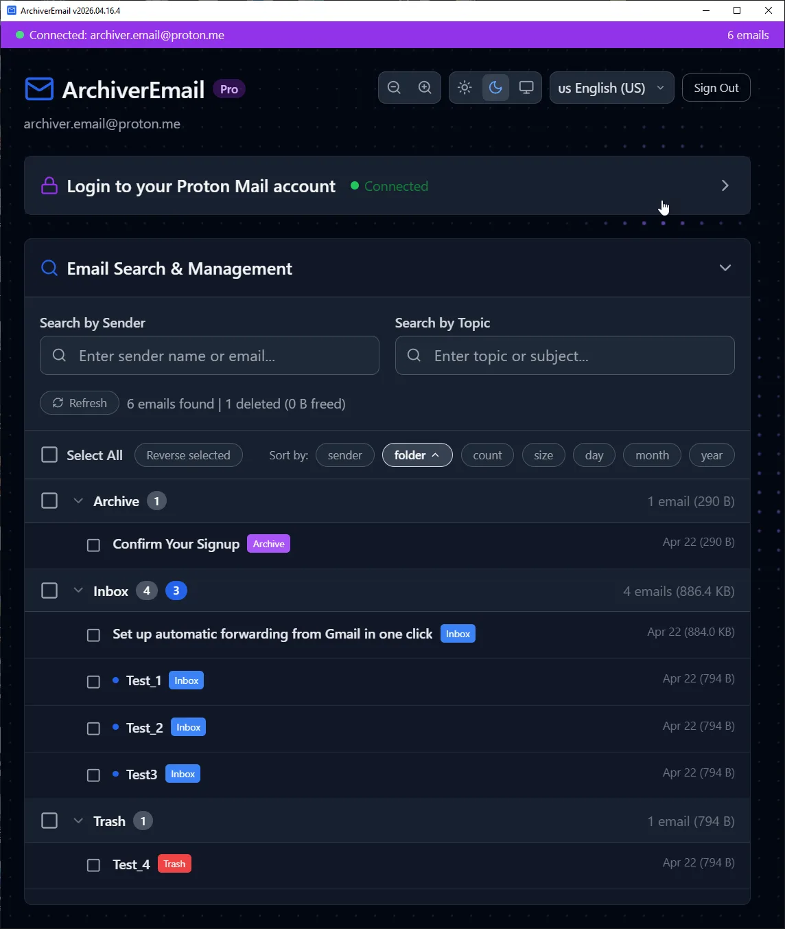Drill into any sender ProtonMail emails grouped by sender in archiver.email with labels and timestamps for bulk management