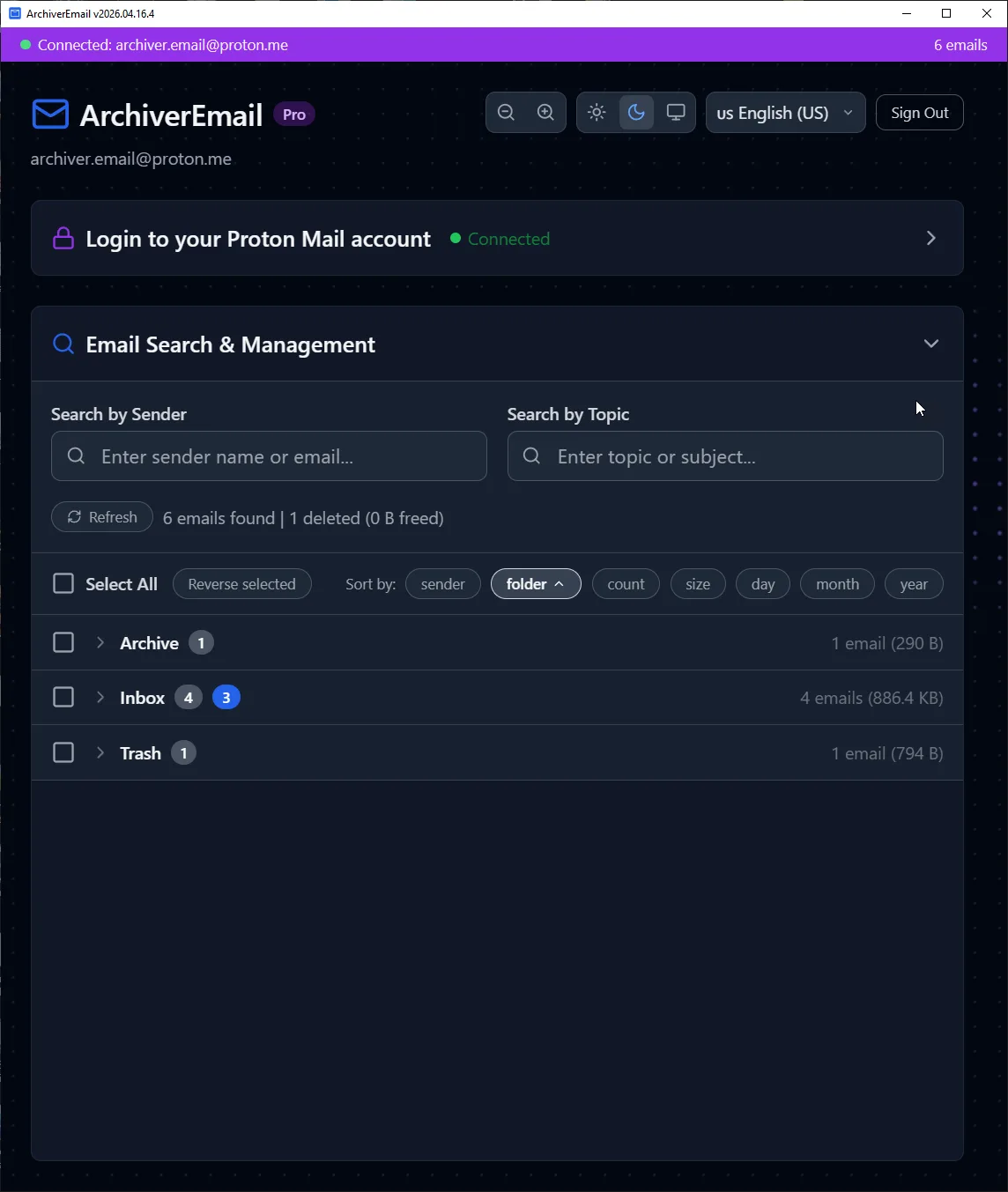 See your storage breakdown ProtonMail inbox in archiver.email desktop app showing Archive, Inbox, and Trash folders with email counts and storage sizes