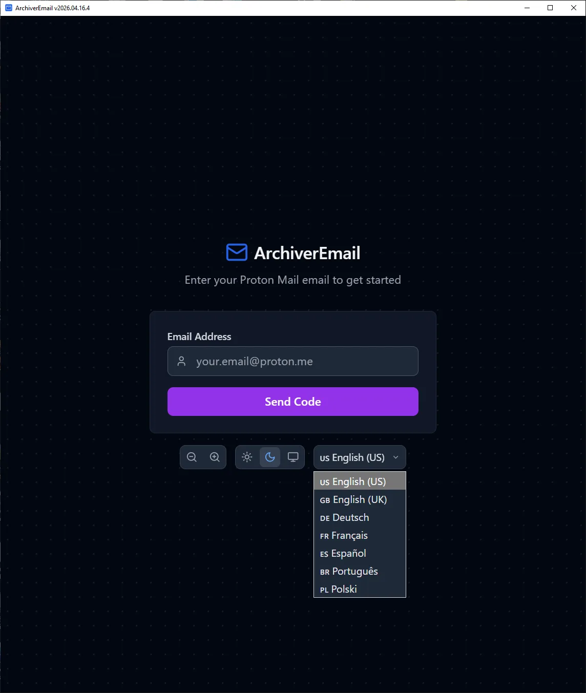 Pick your language archiver.email ProtonMail desktop app login screen with language picker (English, Deutsch, Français, Español, Português, Polski)